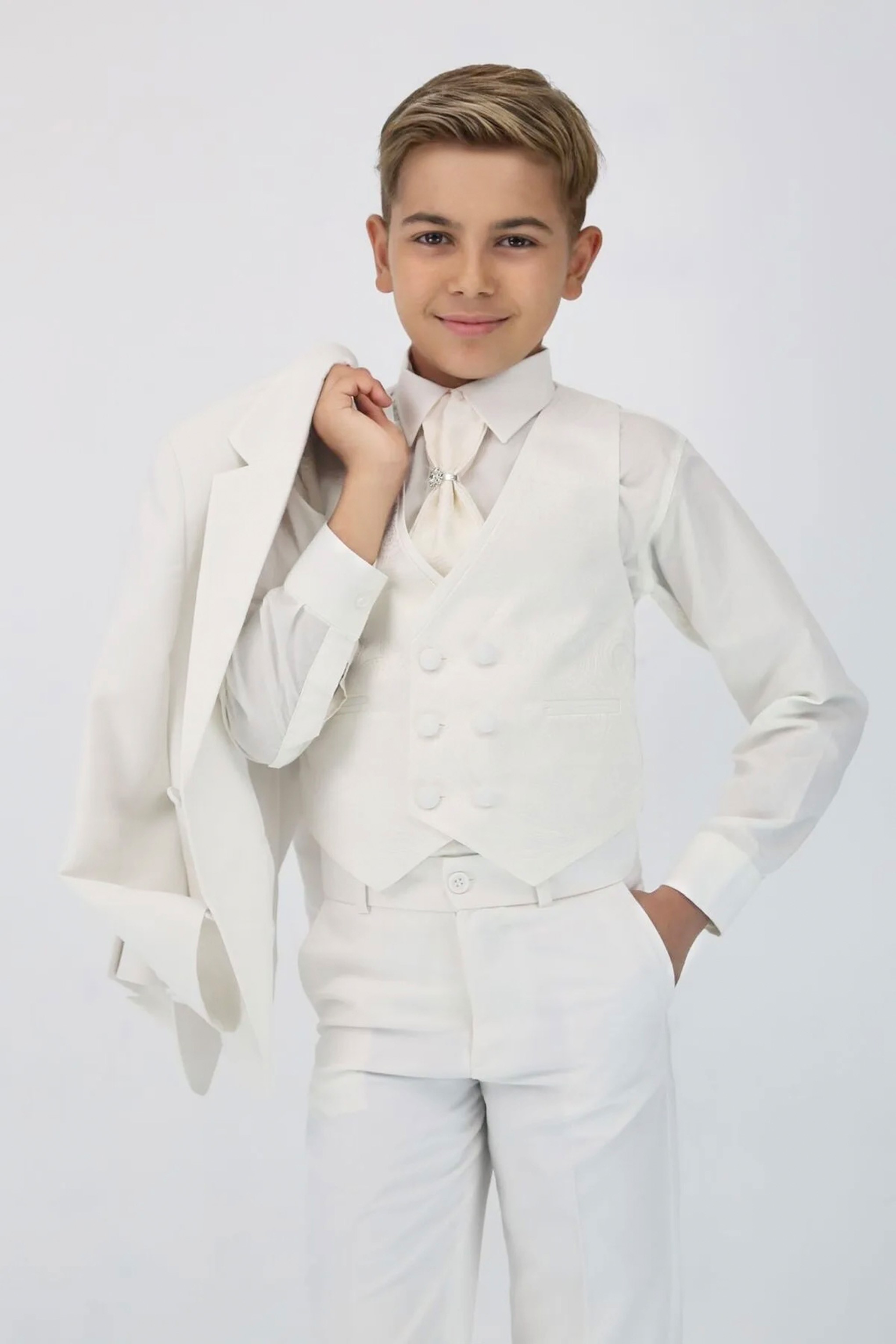 Boys 5 PC Ivory Suit Set, with Double-breasted Vest