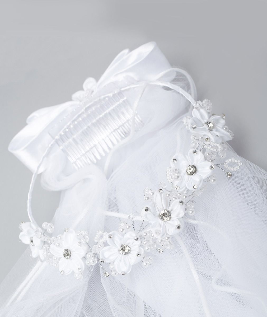 Girls' White Bow Veil with Floral Tiara – CMV 458