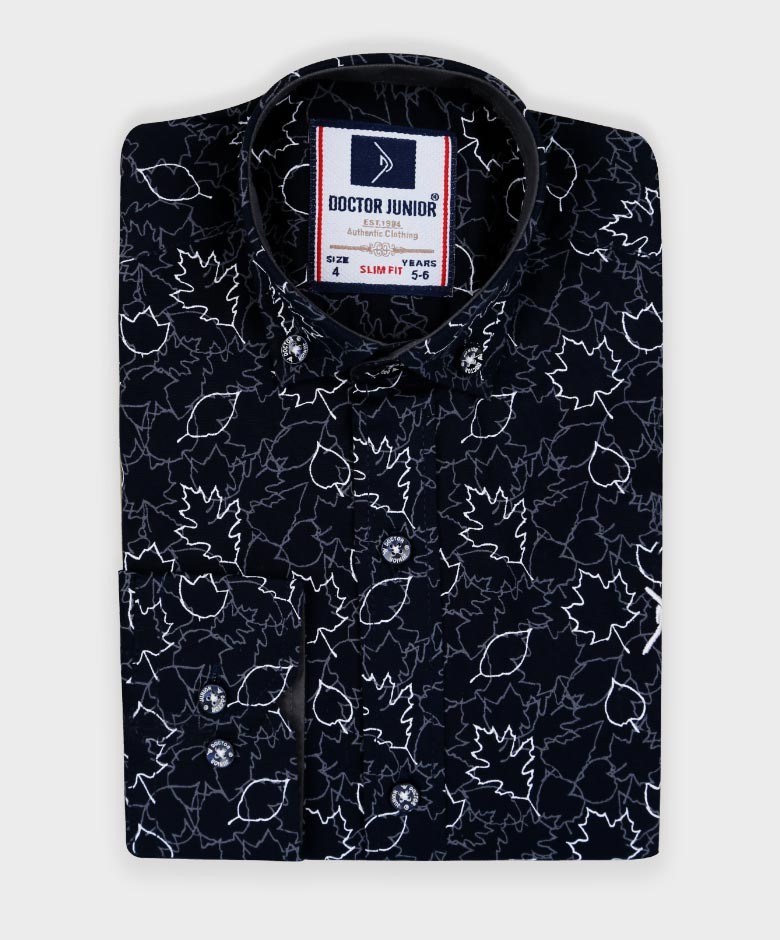 Boys Slim Fit Leaves Print Cotton Shirt