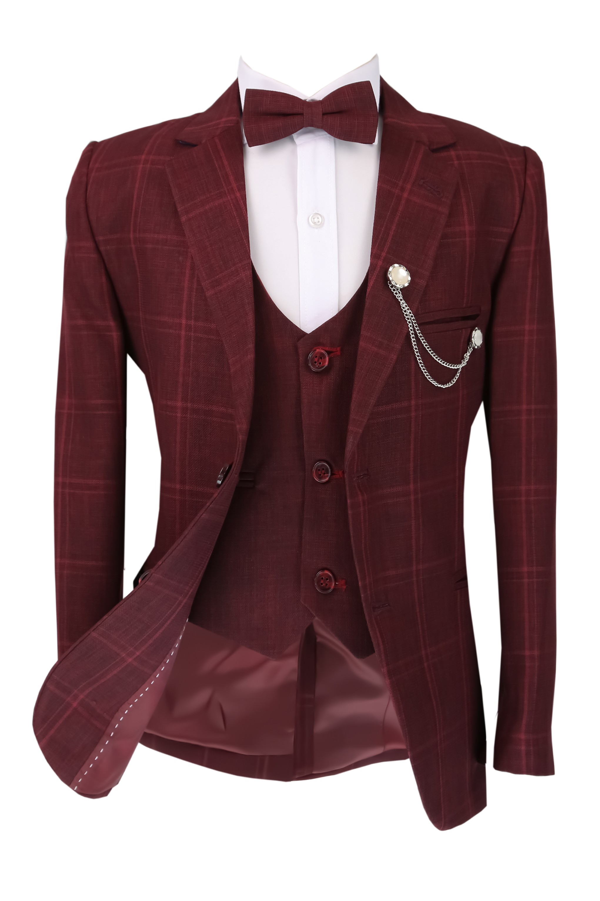 Boys Slim Fit Windowpane Check Burgundy Suit Set