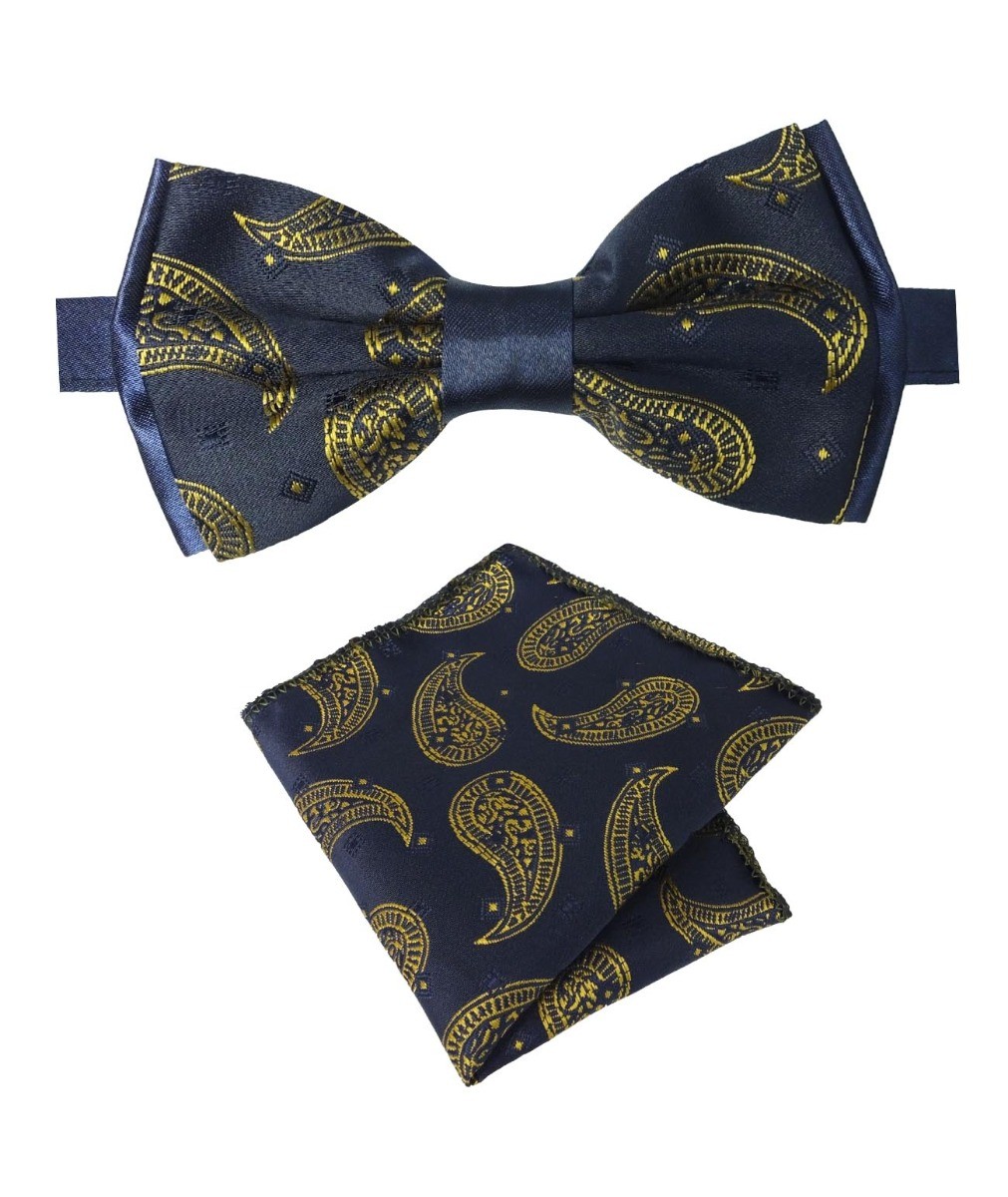 Boys & Men's Paisley Bow Tie and Hanky Set - Navy Blue and Gold