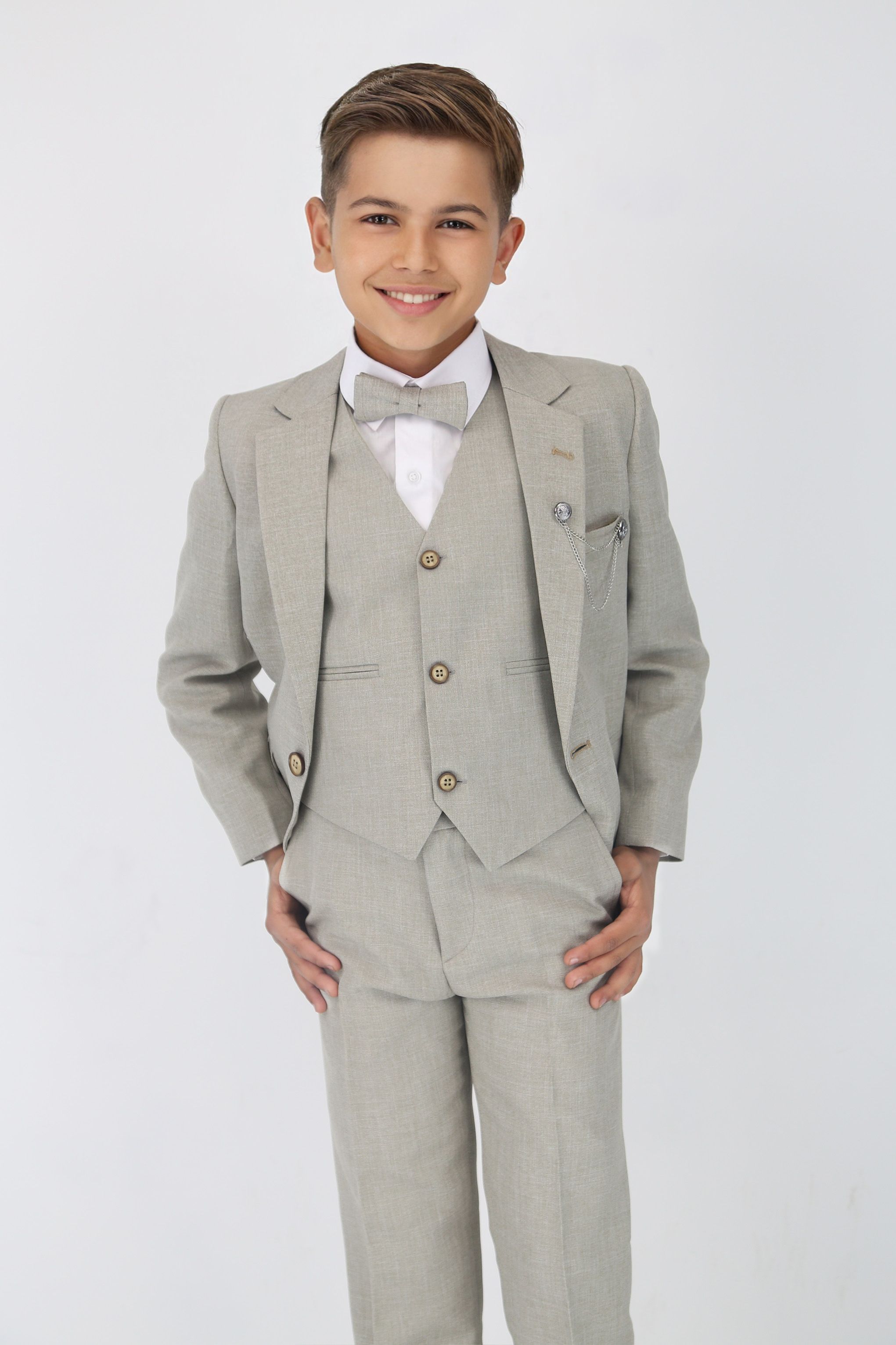 Boys Slim Fit Textured 6-Piece Formal Suit Set - Taupe Beige