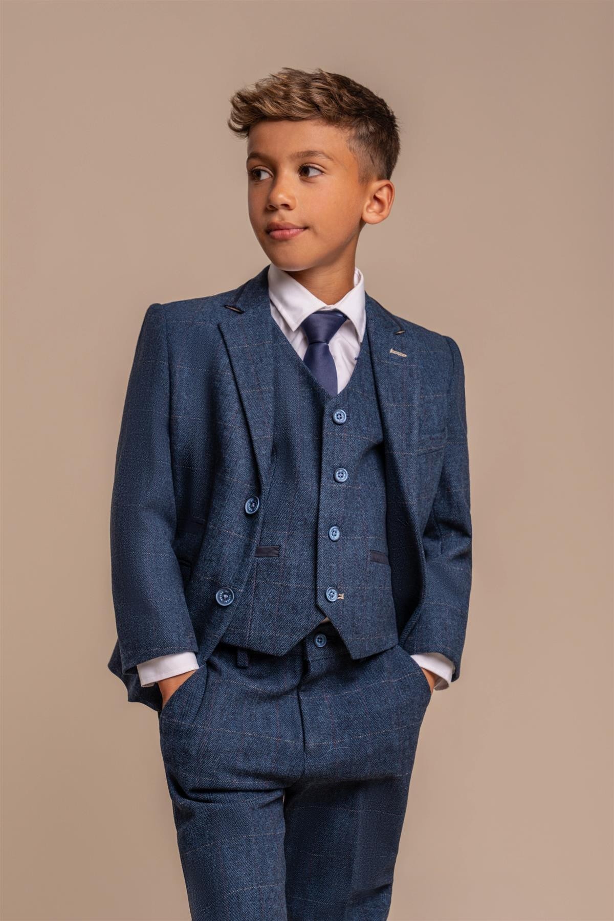 Boys Slim Fit Herringbone Tweed Blue Suit - CARNEGI - Navy Blue