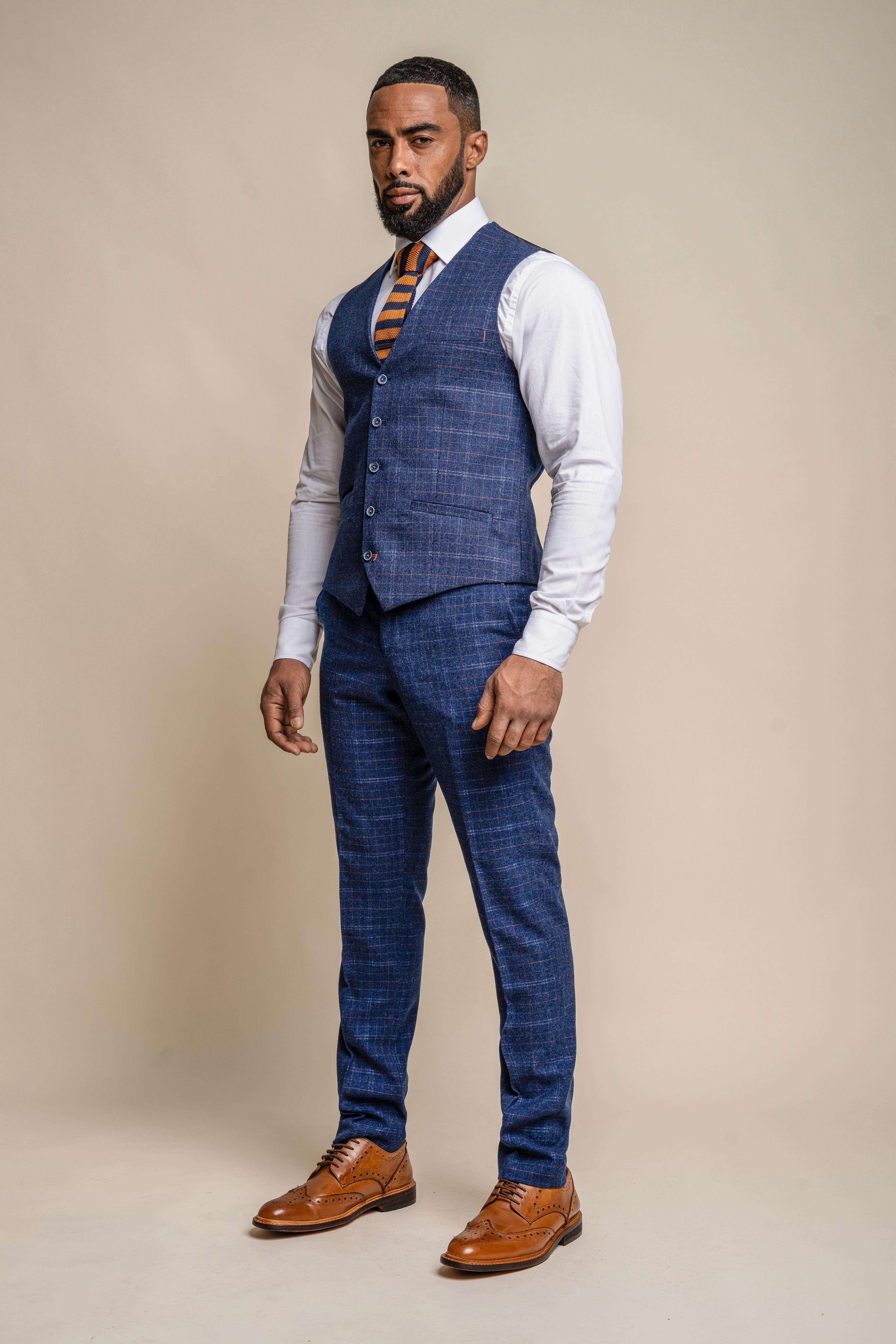 Men's Tweed Check Navy Slim Fit Waistcoat - KAISER