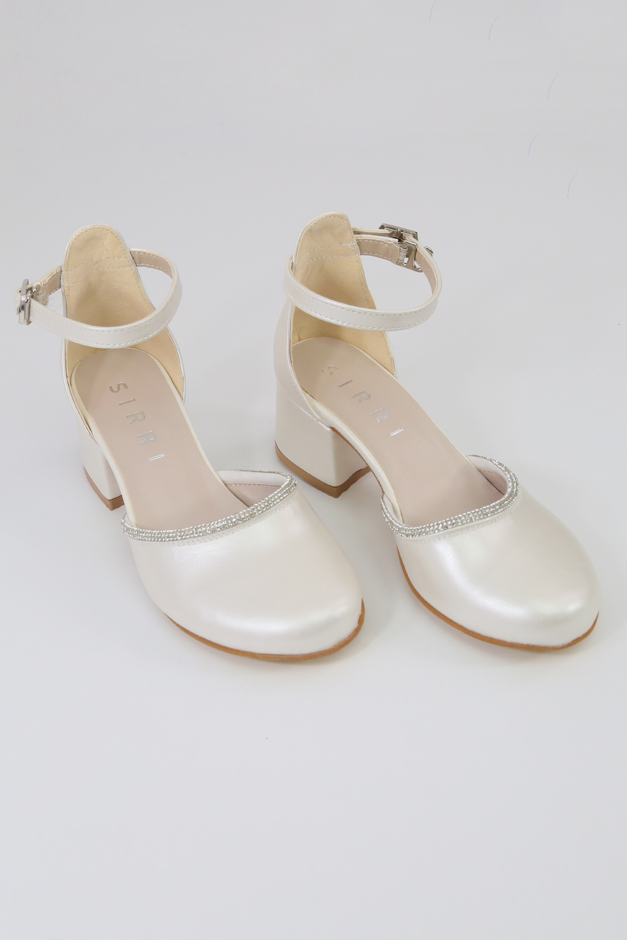 Girls' Ivory Block Heel Shoes With Rhinestone Trim – CHARM