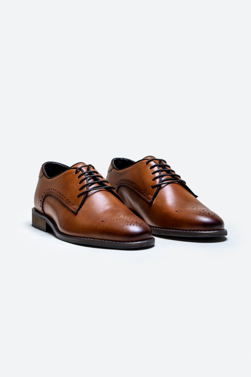 Men's Derby Lace Up Leather Brogue Dress Shoes - MADRID - Tan Brown