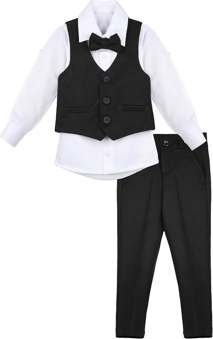 Boys' Slim Fit Textured Waistcoat Suit Set, Formal Outfit