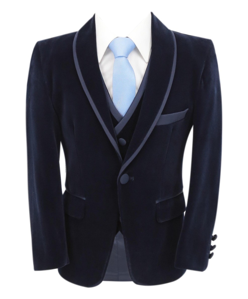 Boys Slim Fit Piping Velvet Tuxedo Suit - LONDON - Navy Blue