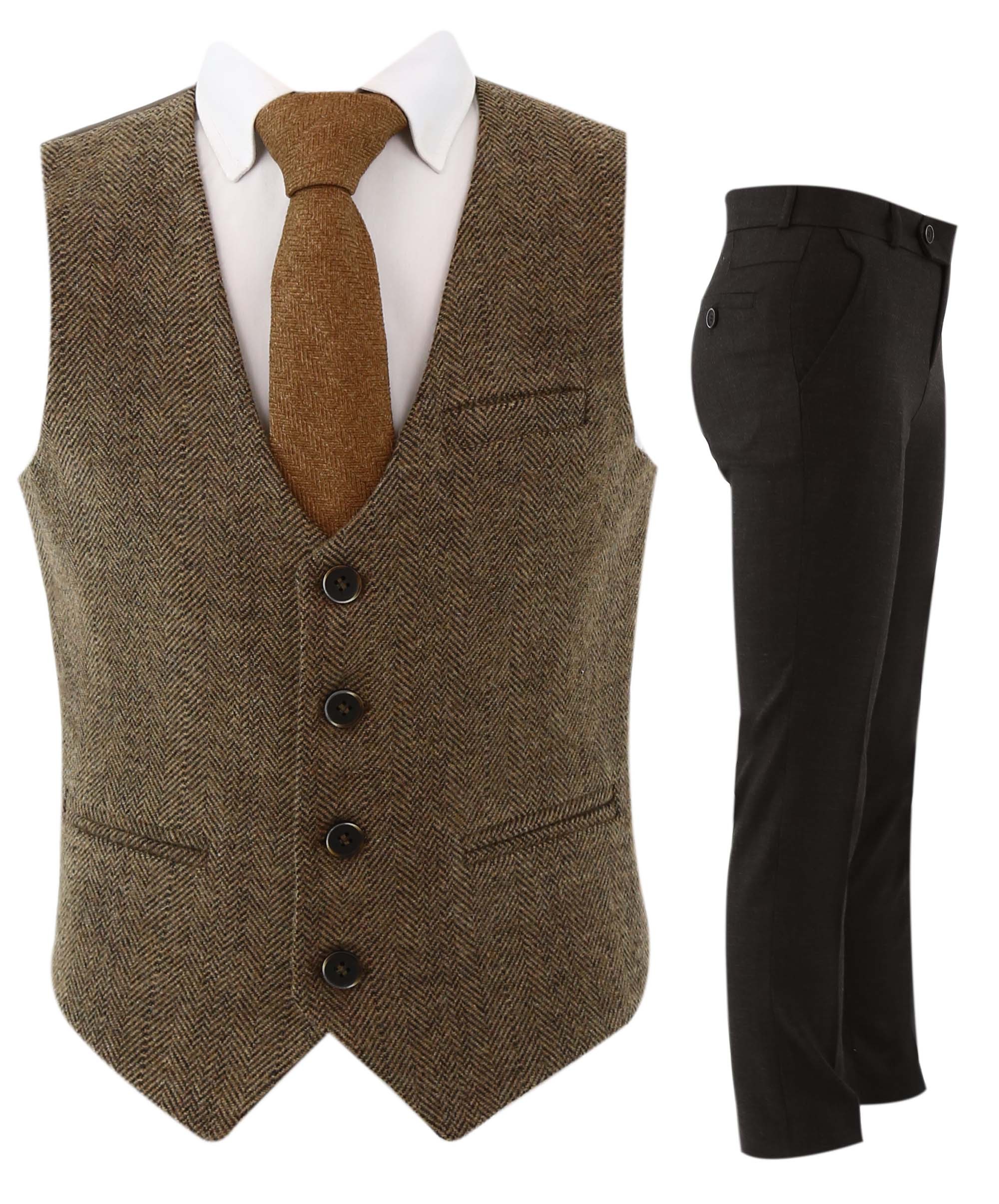 Boys Herringbone Tweed Waistcoat Suit - Brown