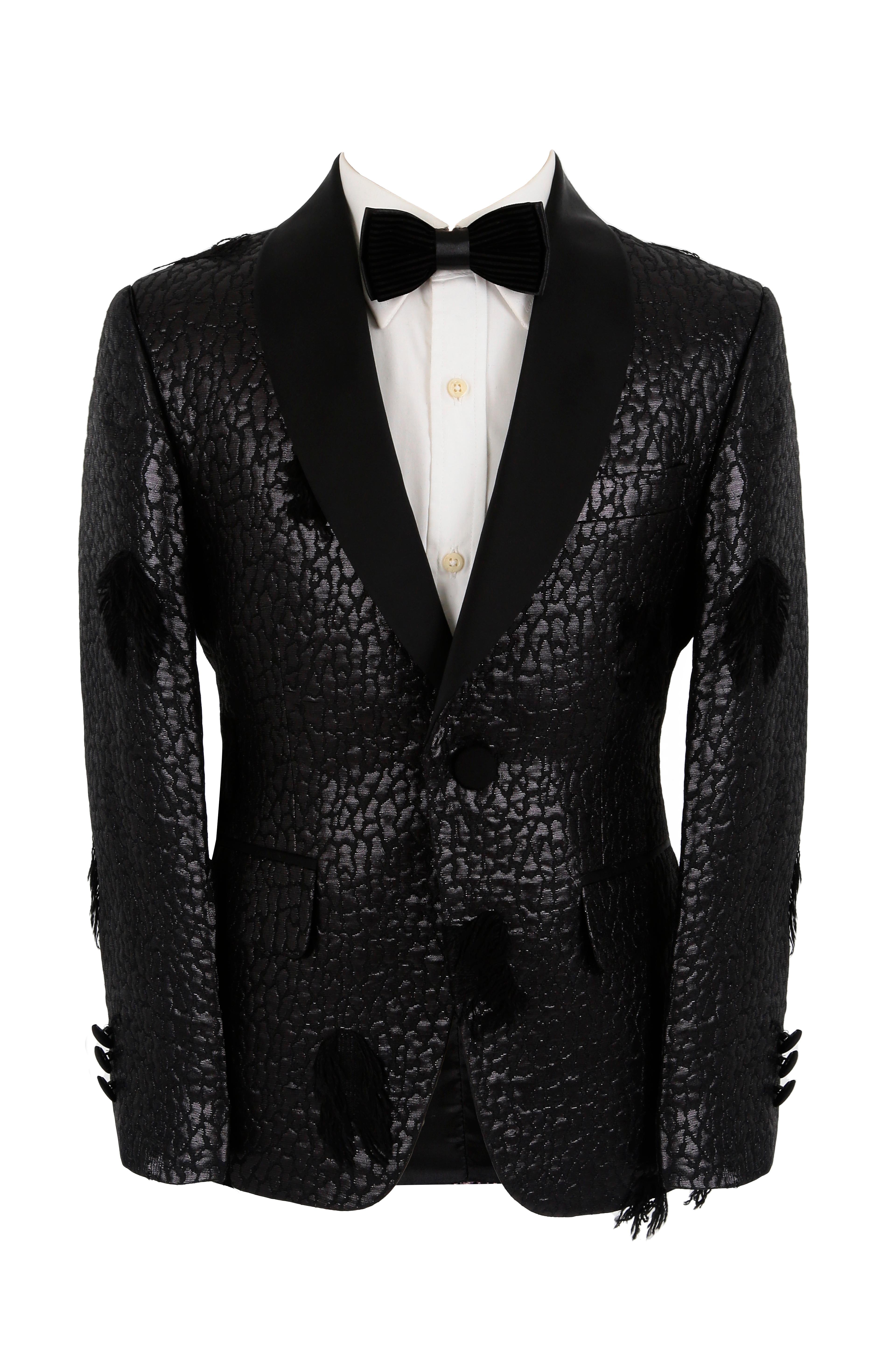 Boys Jacquard Patterned Tuxedo Suit  - n Black