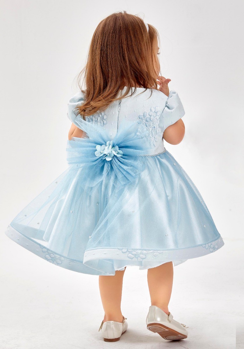 Baby Girls Short Puffy Sleeves Blue Dress - Baby Blue