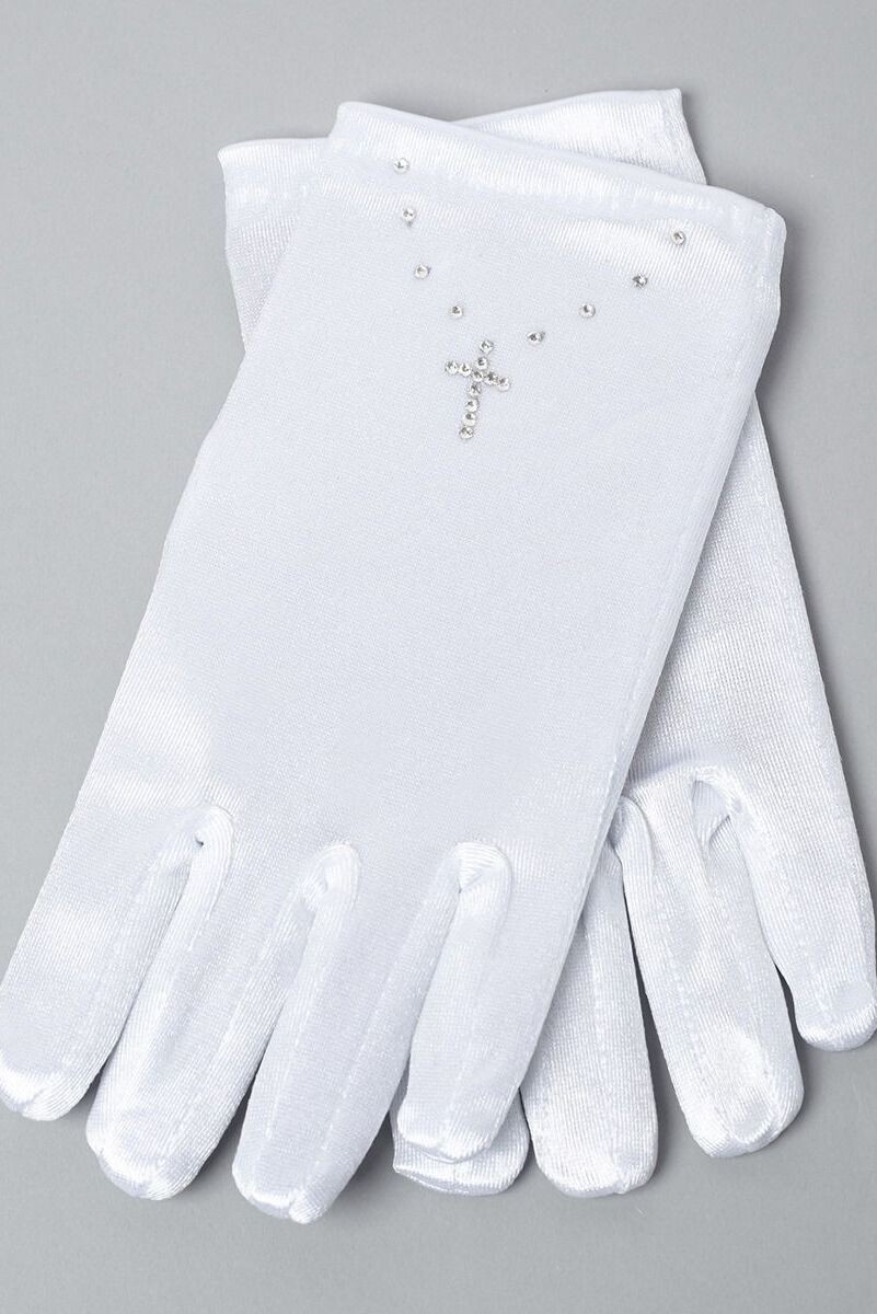 Girls' White Satin Gloves with Rhinestone Cross - JASMINE