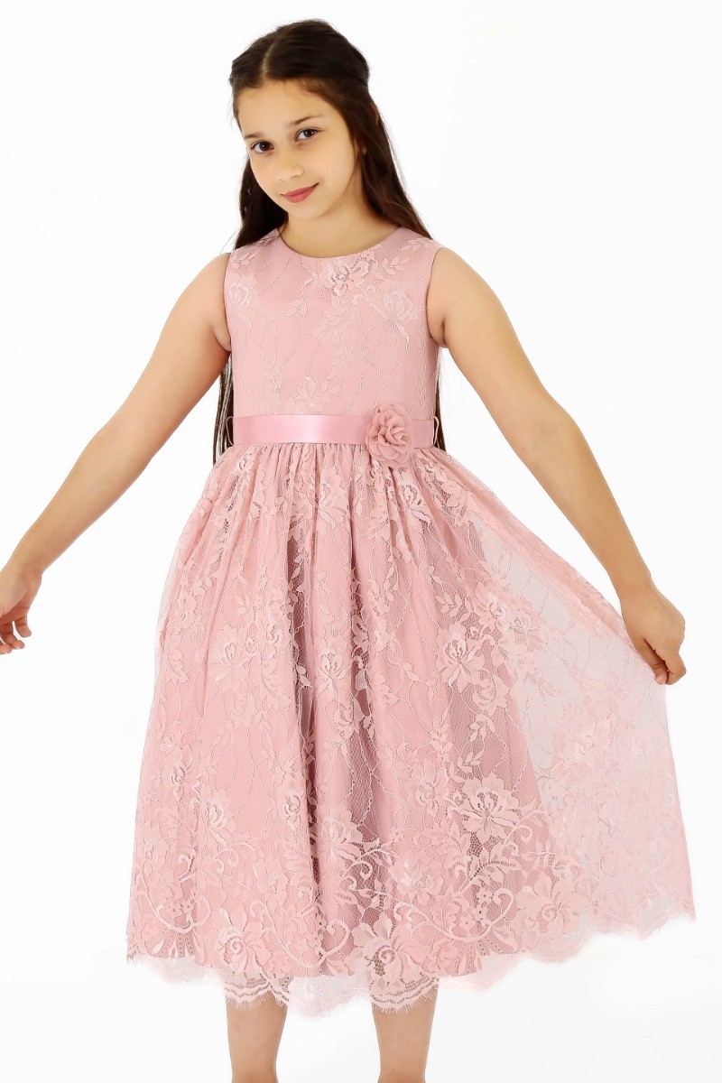 Girls Sleeveless Lace Embroidered Dress - Powder Pink