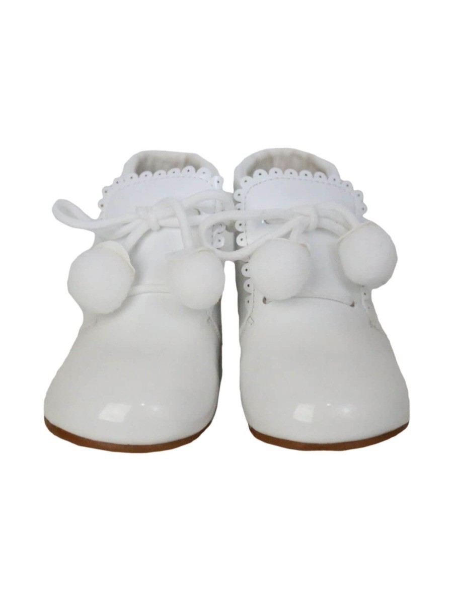 Baby Girls Pom Pom Patent Booties - White