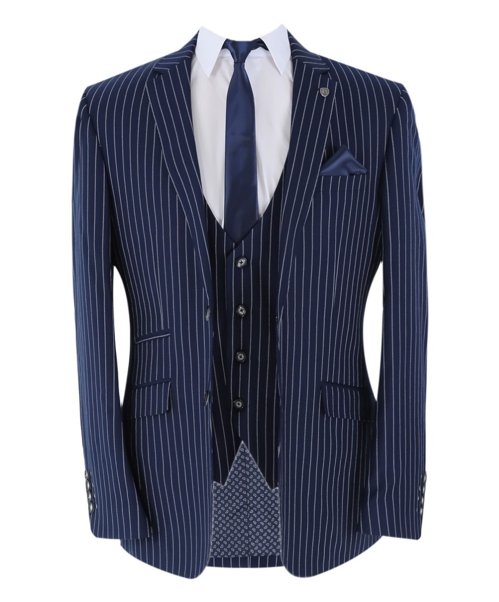 Men's Tailored Fit Pinstripe Navy Suit - MASON  - Navy Blue
