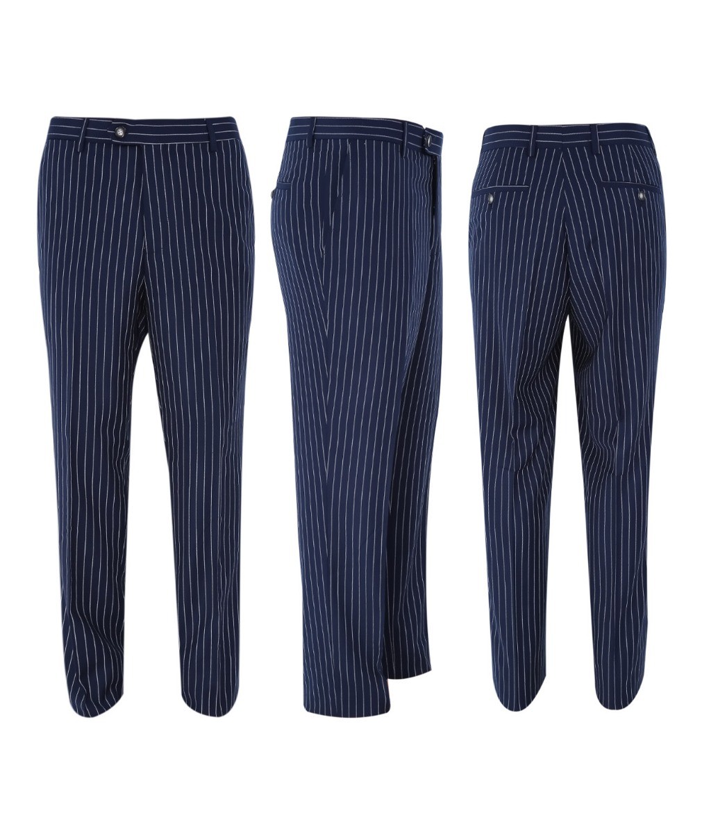 Men's Tailored Fit Pinstripe Navy Suit - MASON  - Navy Blue