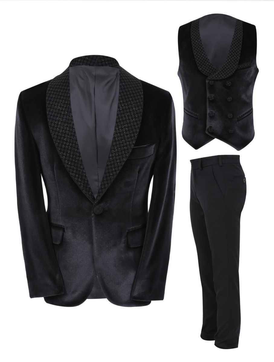 Boys Velvet Slim Fit Tuxedo Dinner Suit - Black