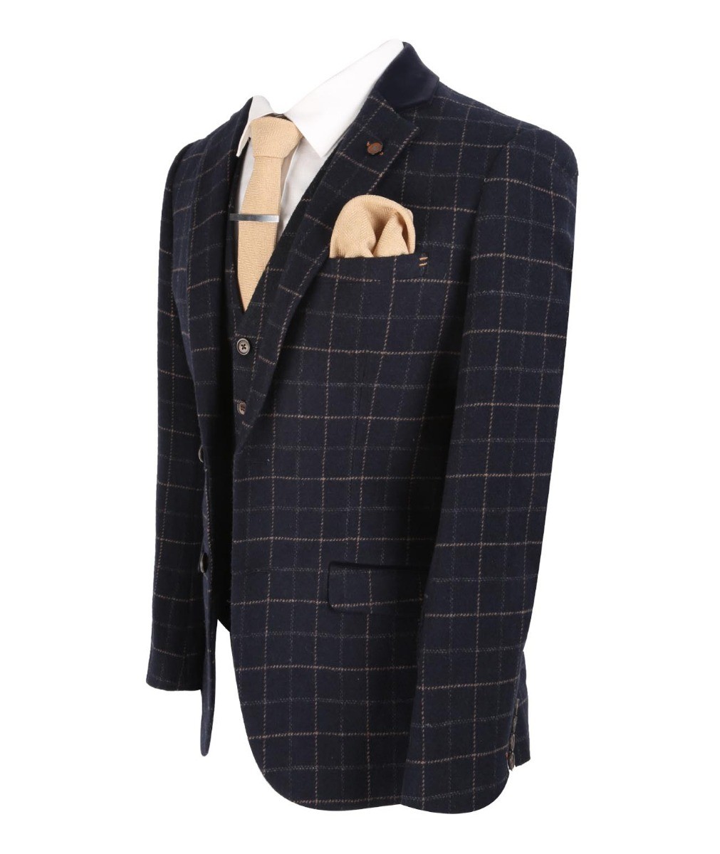 Men's Tweed Check Slim Fit Navy Suit Jacket- SHELBY