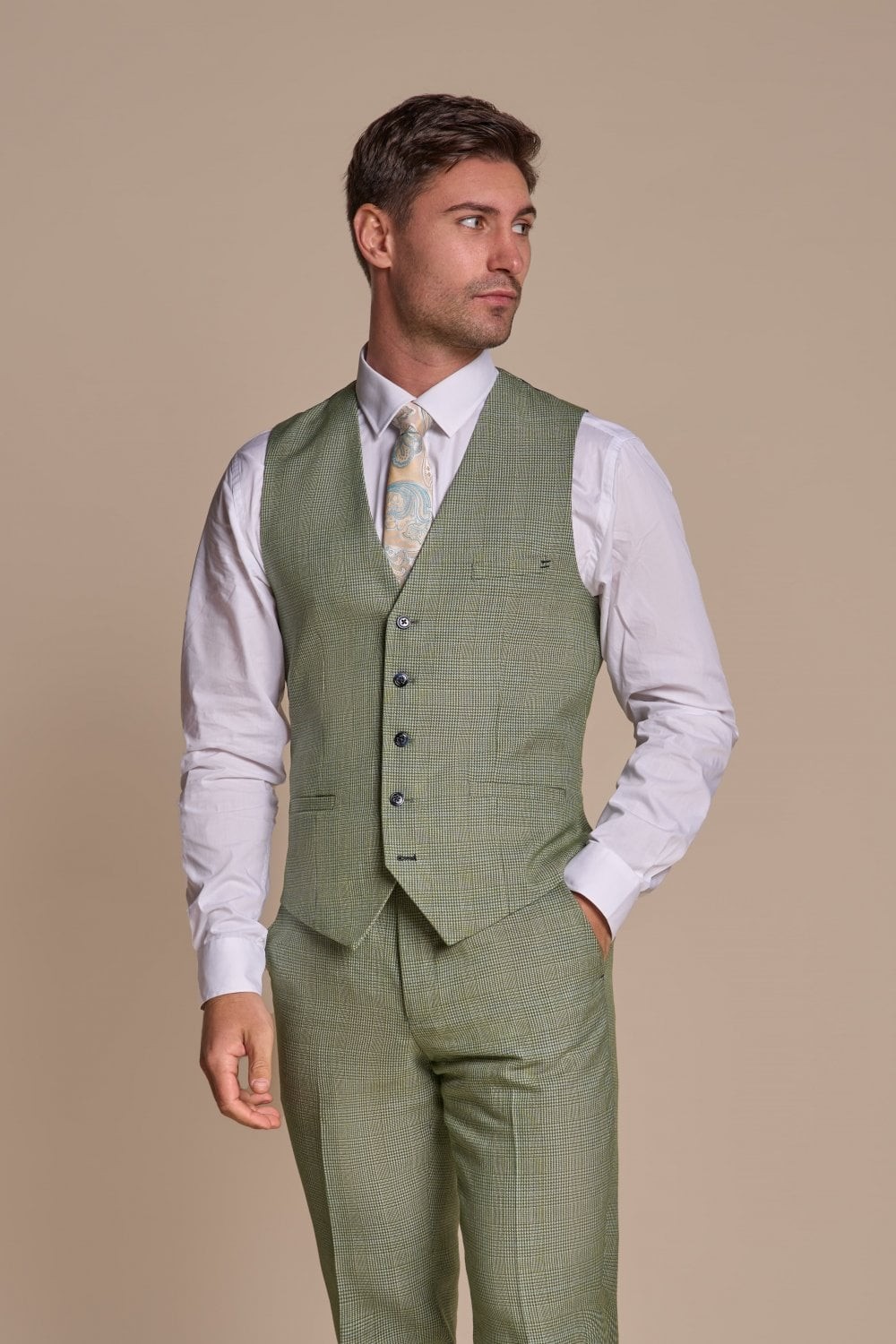 Men's Slim Fit Tweed Check Waistcoat - CARIDI SAGE