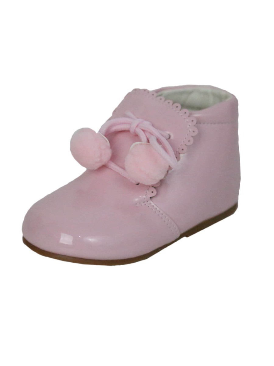 Baby Girls Pom Pom Patent Booties - Pink