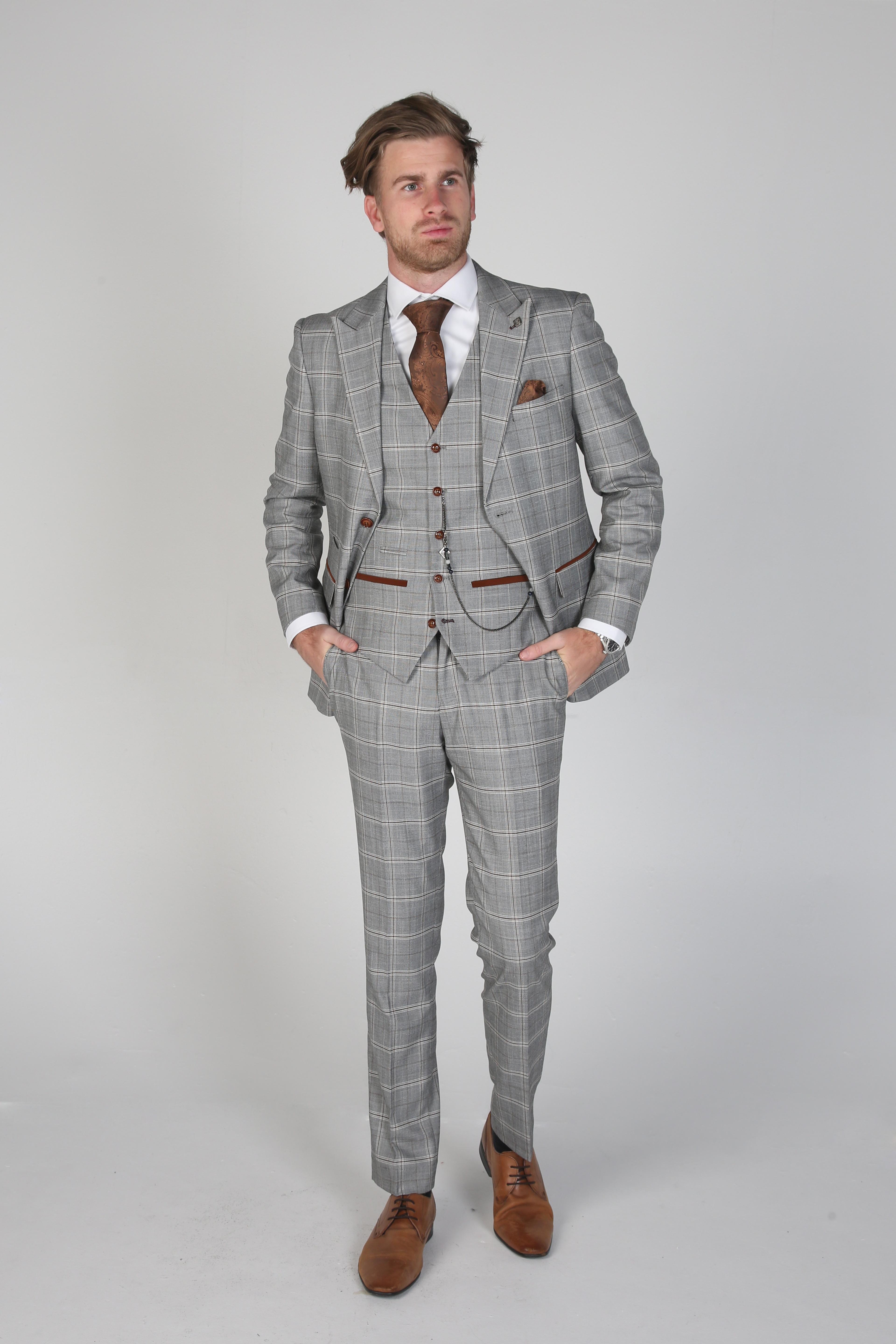 Men's Windowpane Check Grey Suit - FRANCIS