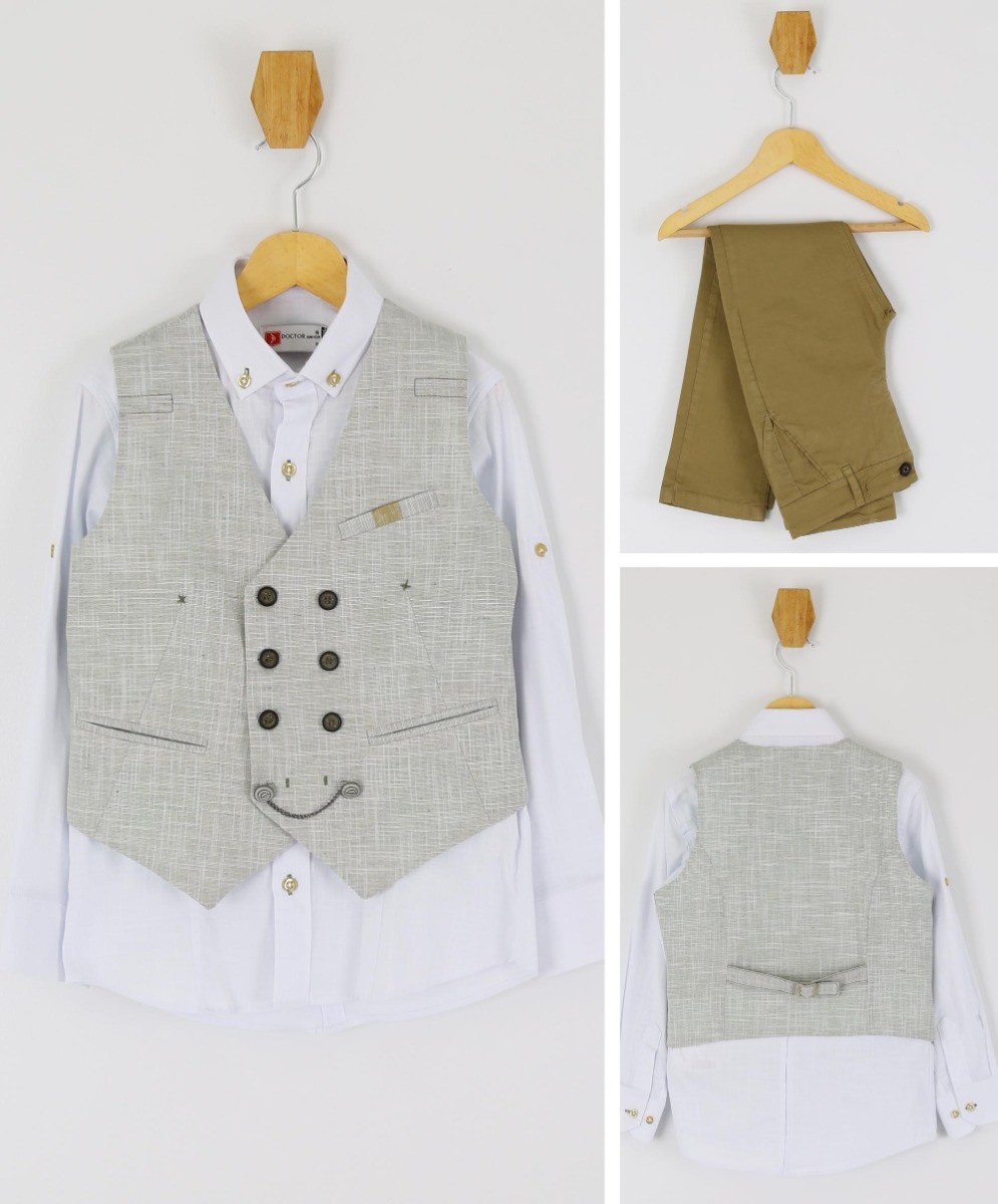 Boys Self Patterned Double-Breasted Linen Waistcoat Suit Set - Light Khaki