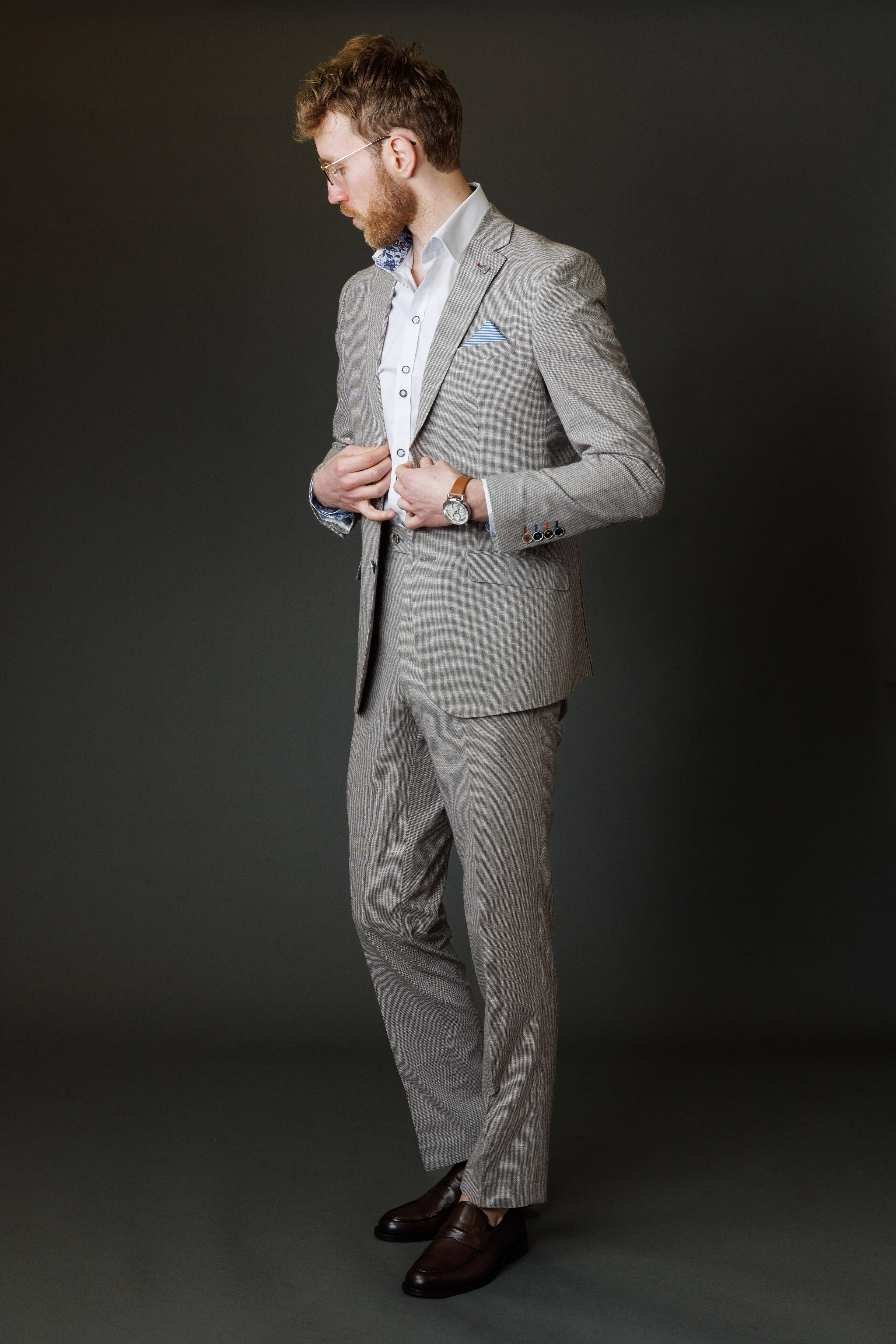 Men's Self Patterned Slim Fit Suit - JUDE - Light Grey