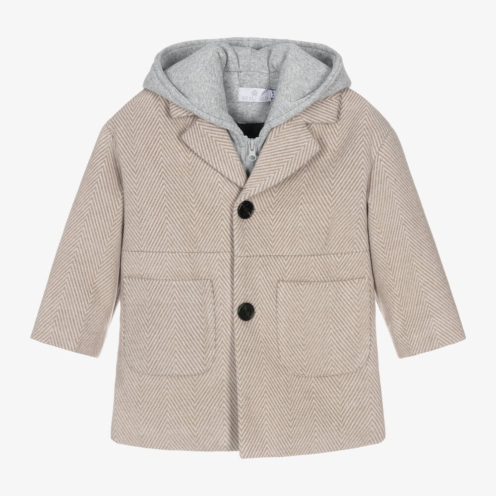 Boys Beige Hooded Herringbone Coat with Jersey Insert