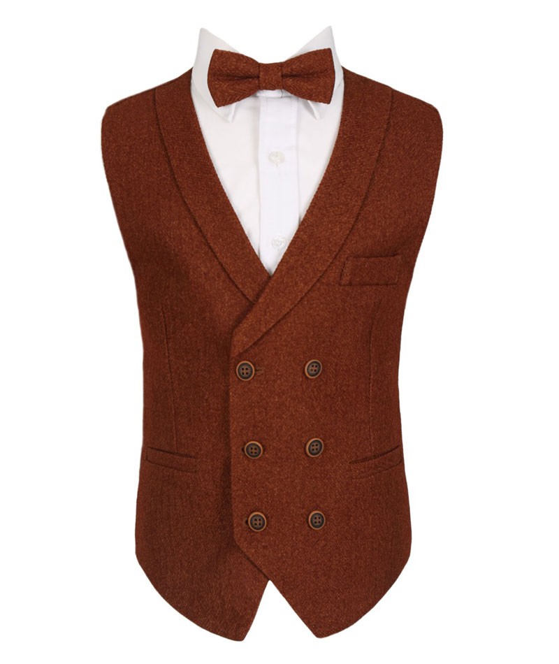 Men's and Boys Herringbone Double-breasted Waistcoat Set - Cinnamon Brown