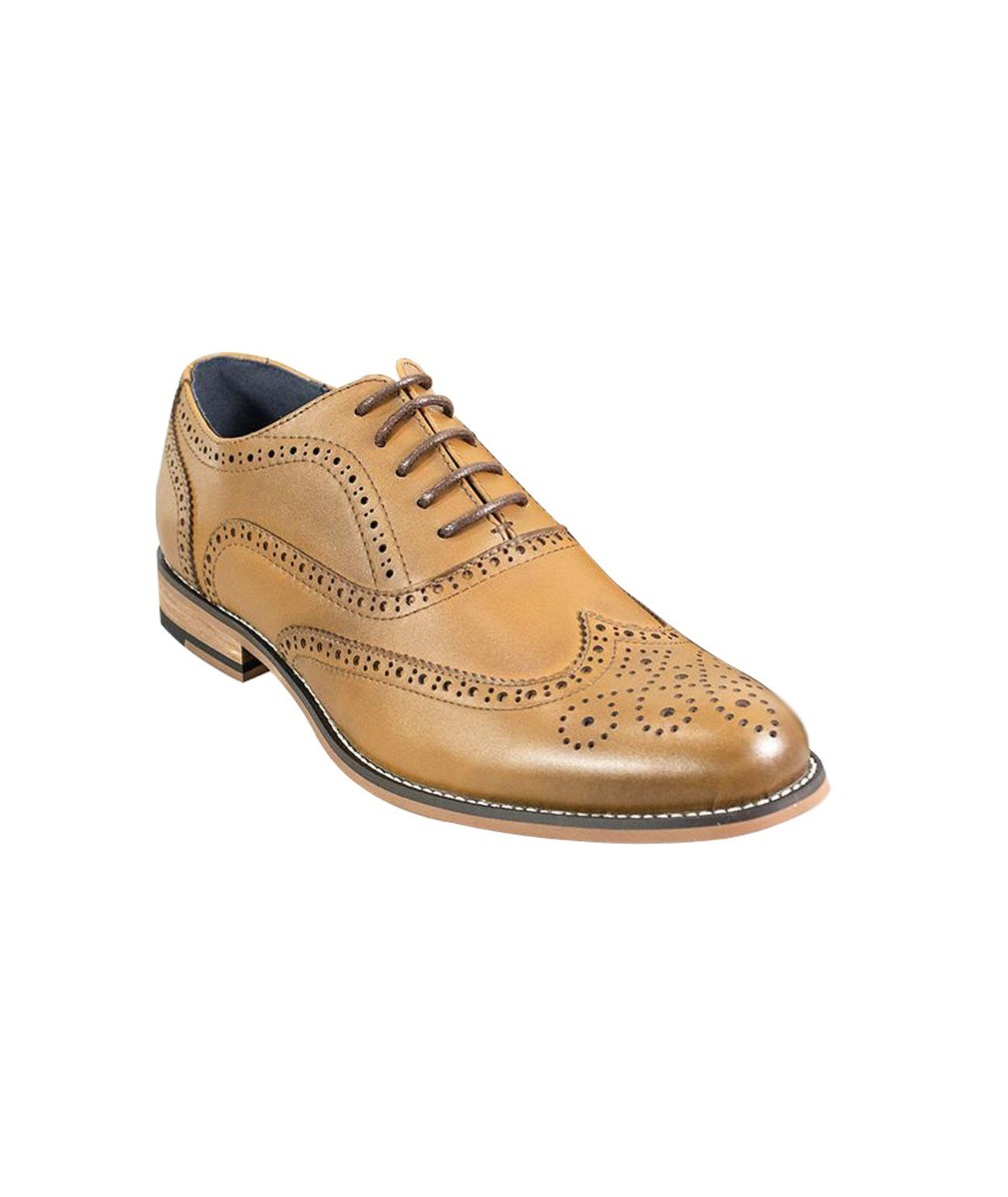 Men's Lace Up Leather Brogue XL Big Size Shoes - Oxford  - Tan Brown
