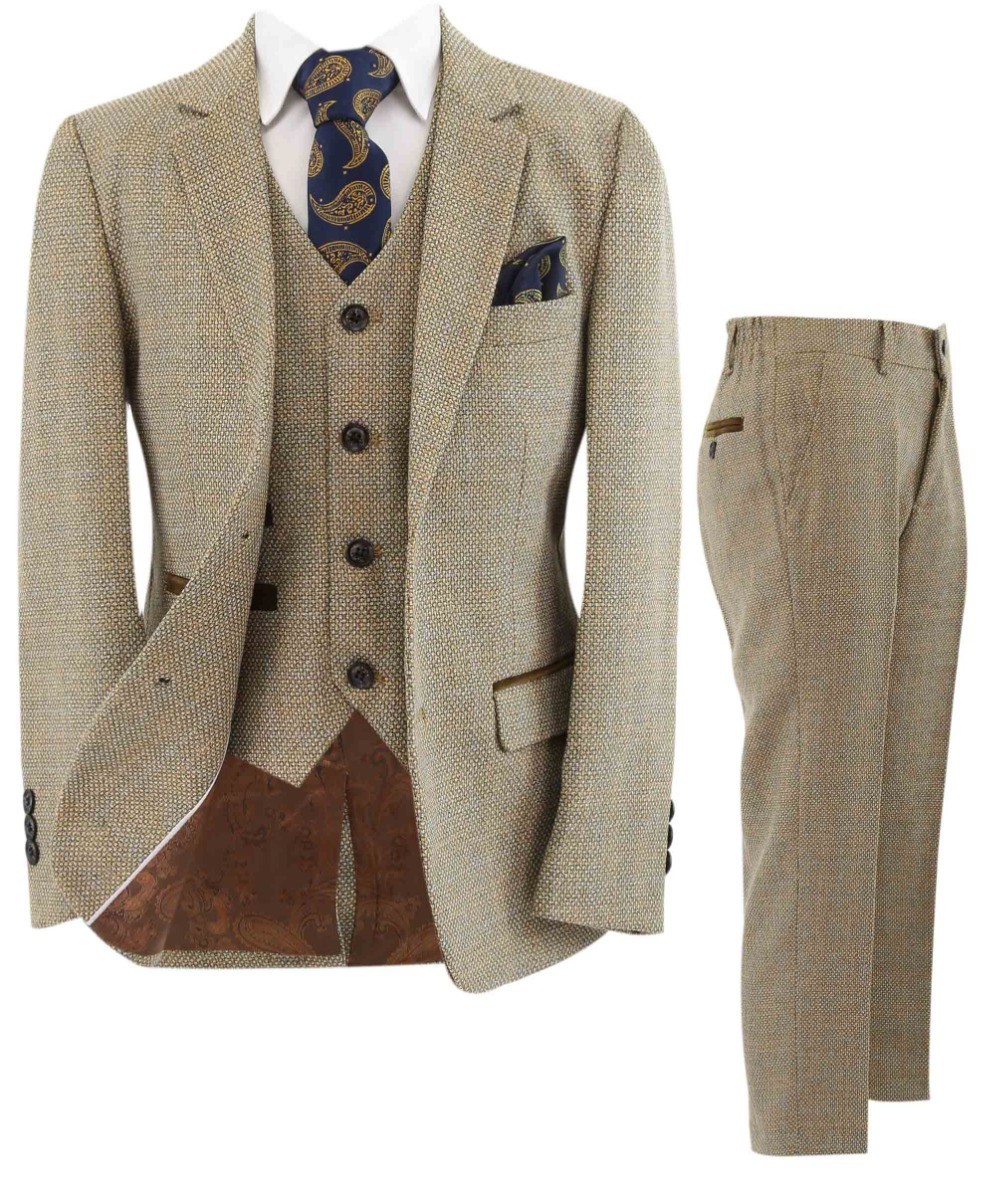 Boys Tweed Tailored Fit Formal Suit - Ralph - Beige