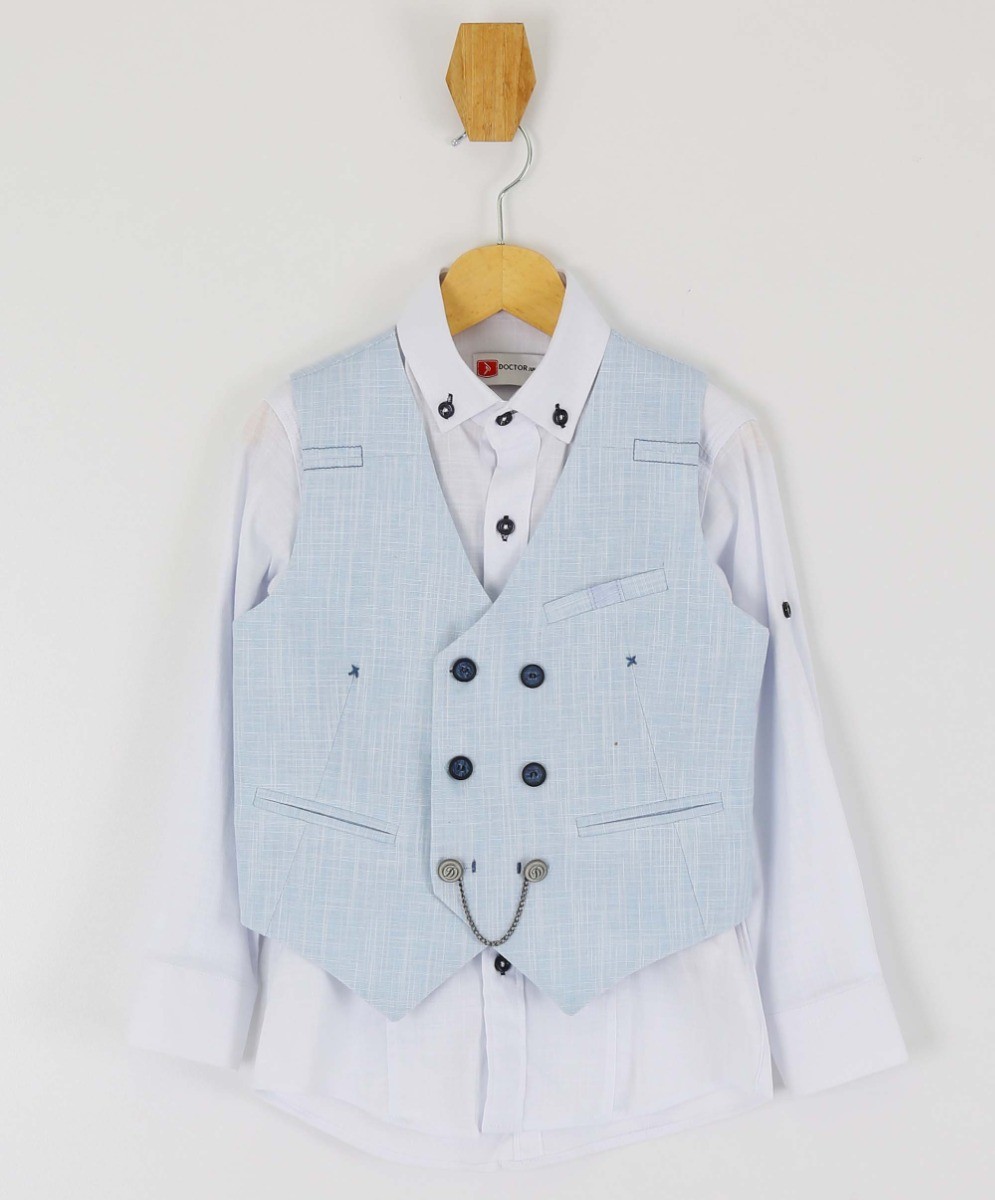Boys Self Patterned Double-Breasted Linen Waistcoat Suit Set - Light Blue