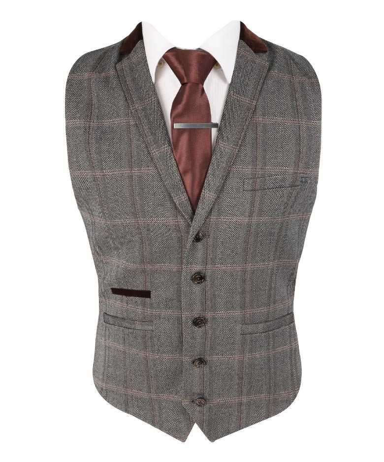 Men's Tweed Check Retro Suit Waistcoat - Connall Brown - Brown