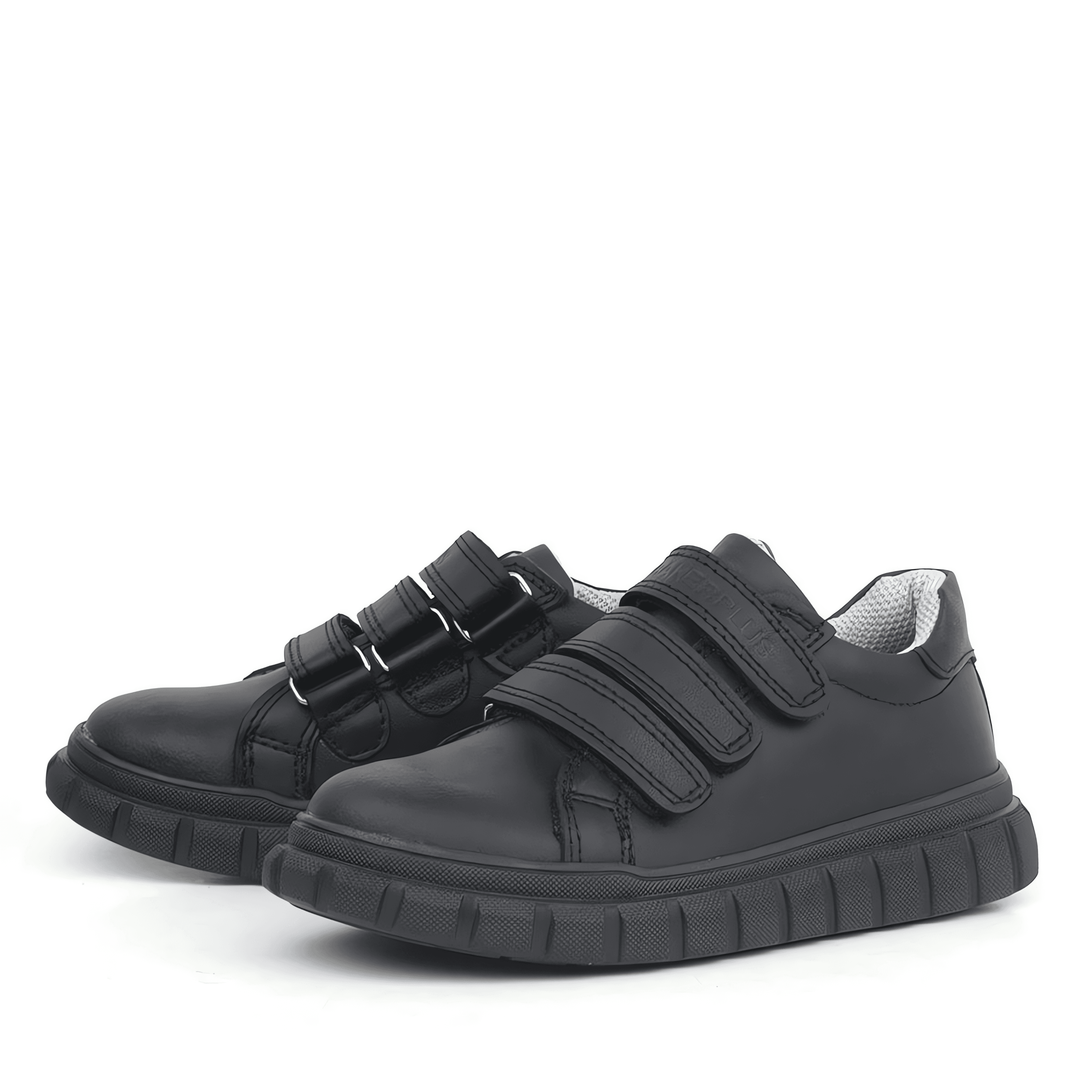 Boys Black Leather School Trainer Shoes with Triple Strap Closure - 4003