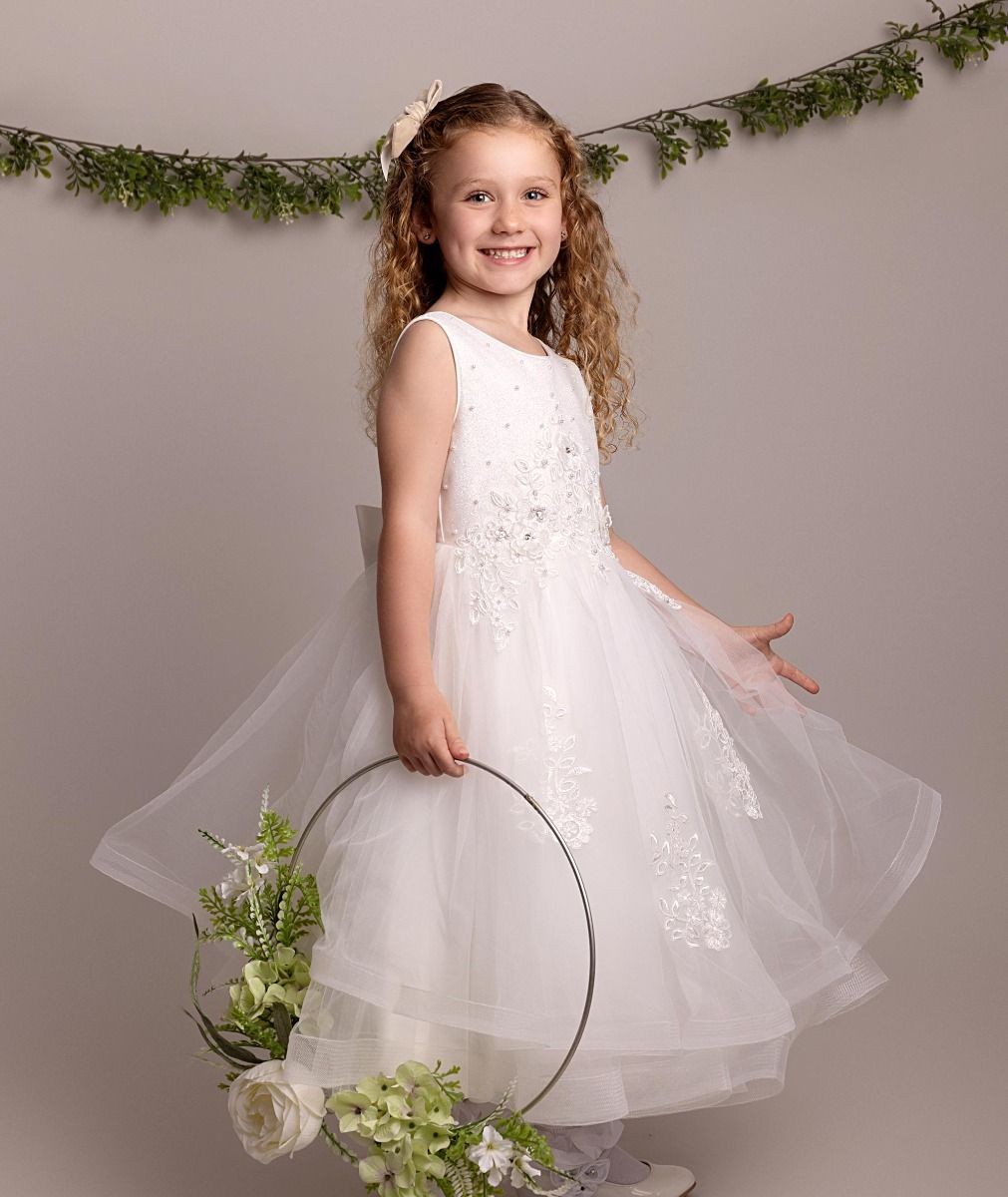 Girls Ivory Floral Embroidered Tulle Dress - RAQUEL