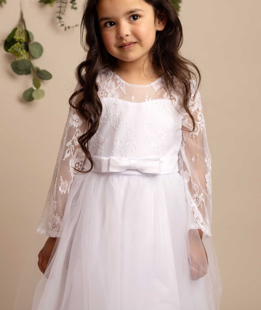 Girls Long Sleeves Lace White Tulle Dress - JADE