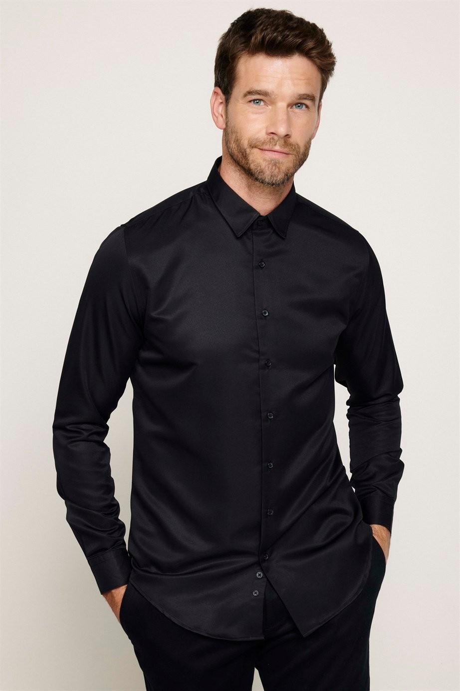 Men's Slim Fit Long Sleeve Dress Shirt - POLY - Black