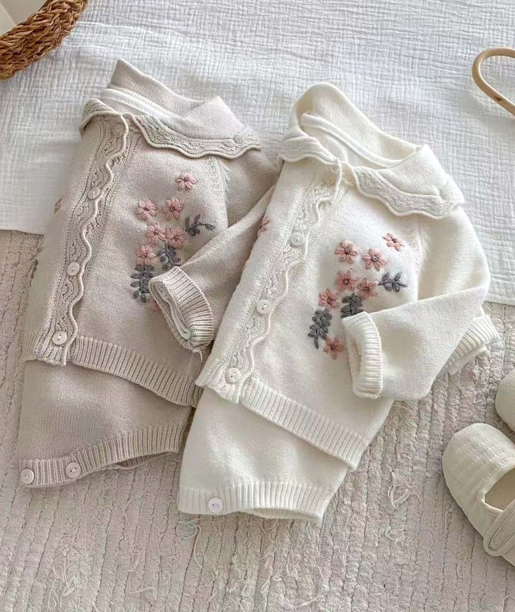 Baby Girls’ Knit Suspender Romper & Embroidered Cardigan Set - 2421