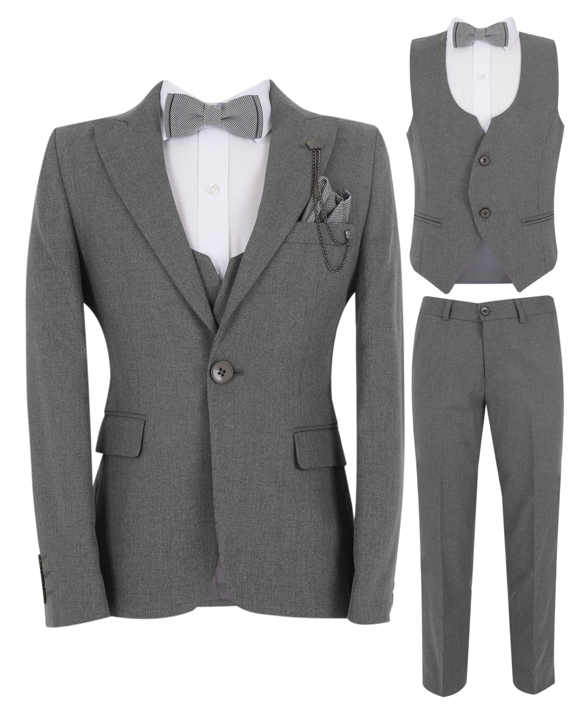 Boys Slim Fit Herringbone 8 Piece Suit Set - KING - Grey
