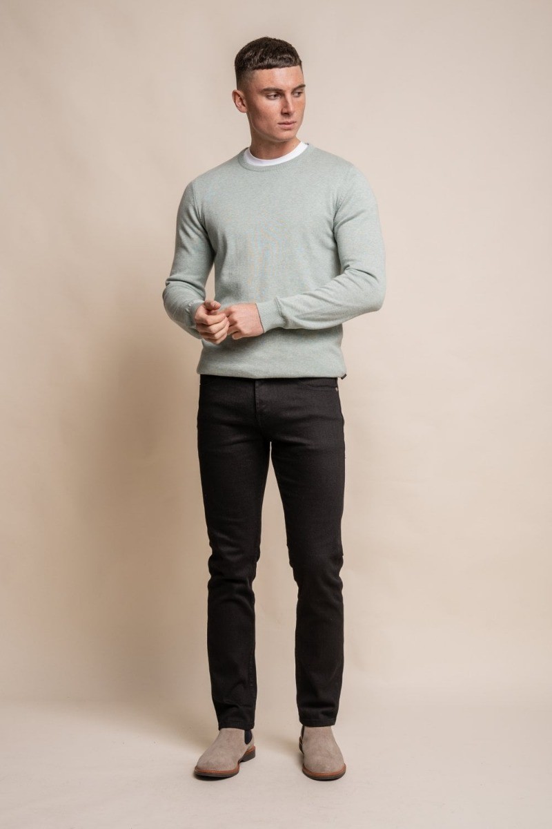 Mens Cotton Slim Fit Crewneck Almond Green Sweater Smart Casual