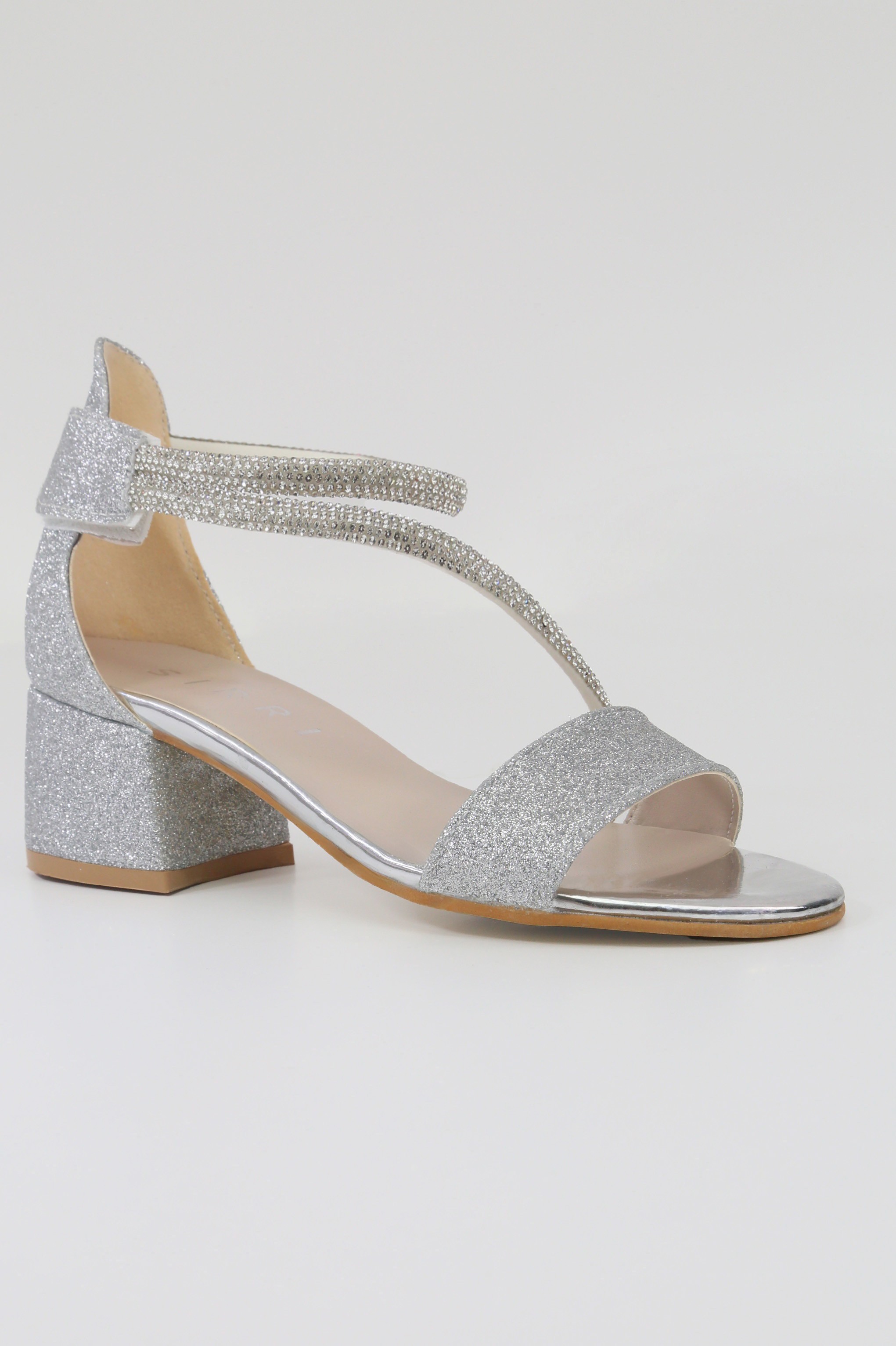 Girls Silver Block Heel Sandals with Rhinestone Crossover Straps - DAZZLE