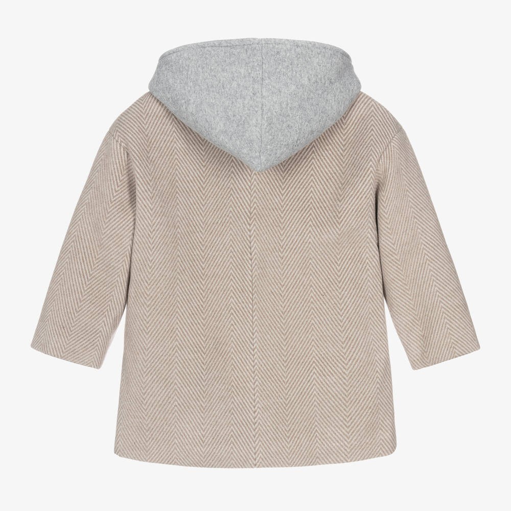 Boys Beige Hooded Herringbone Coat with Jersey Insert