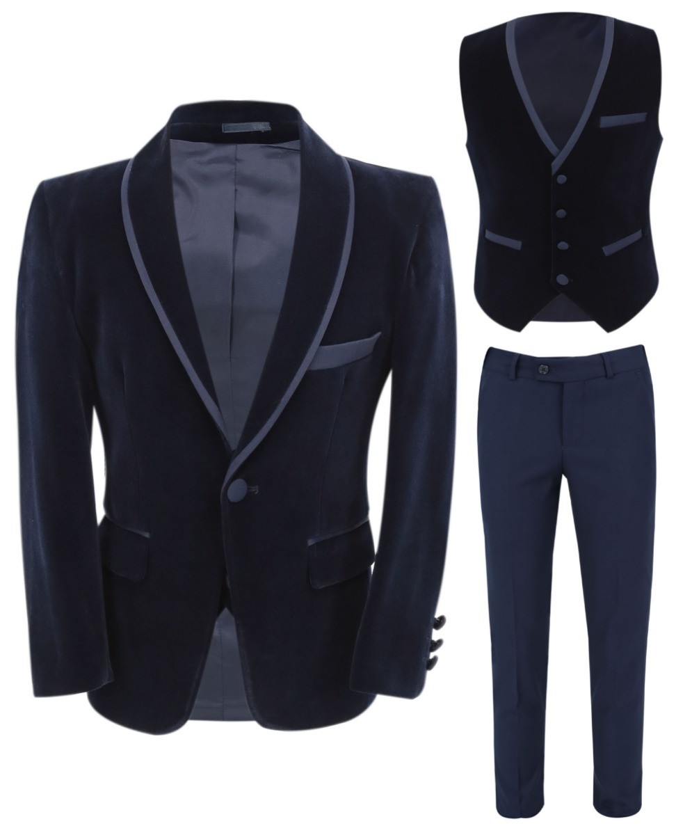 Boys Slim Fit Piping Velvet Tuxedo Suit - LONDON - Navy Blue