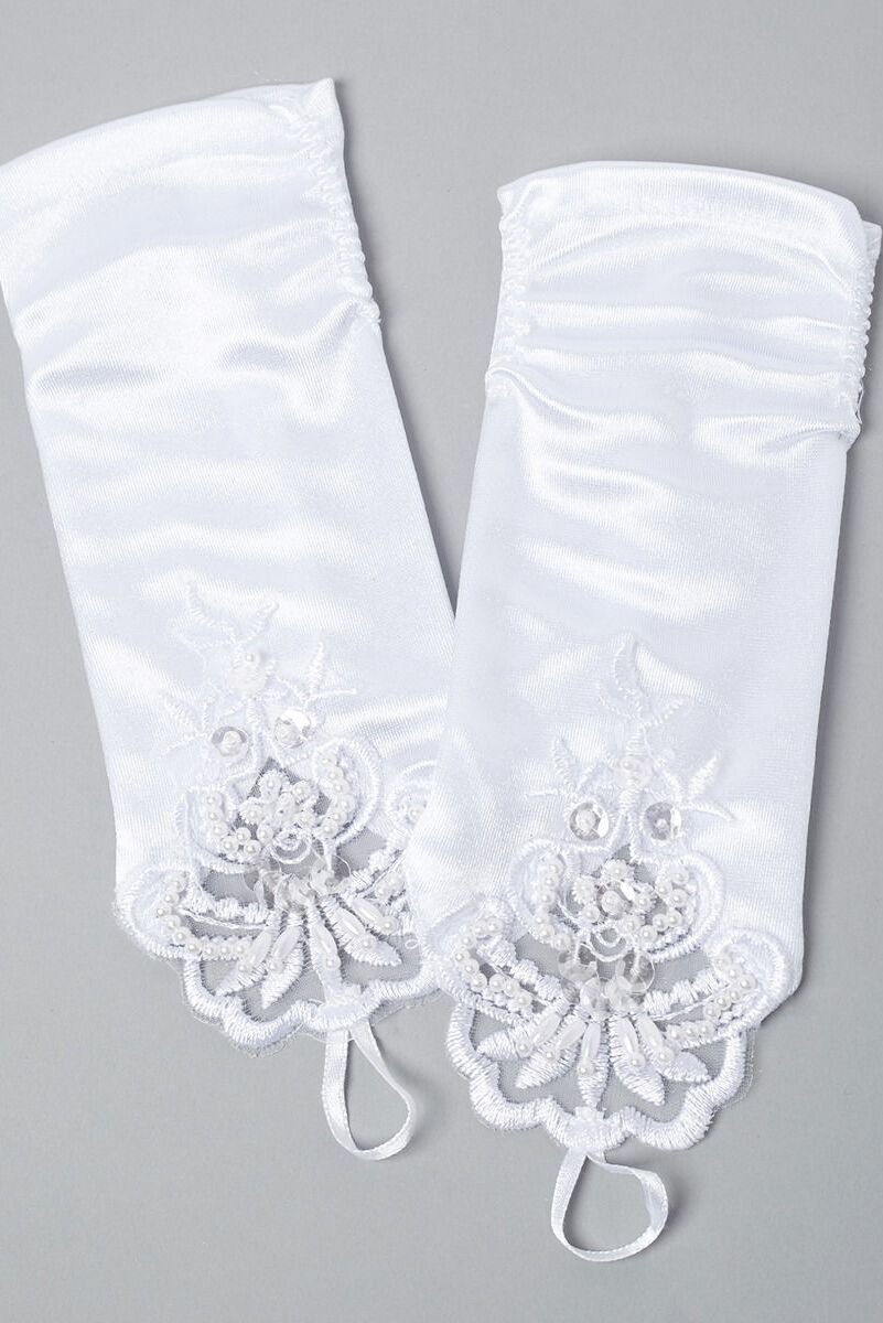 Girls' White Finger Loop Lace Satin Gloves - DIANE