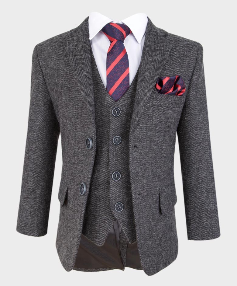 Boys Herringbone Tweed Grey Suit - GEORGE