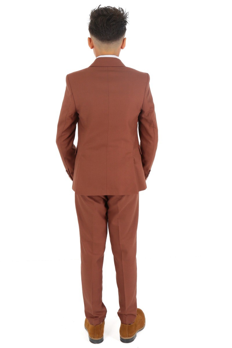 Boys Slim Fit Herringbone 8 Piece Suit Set - KING - Cinnamon Brown