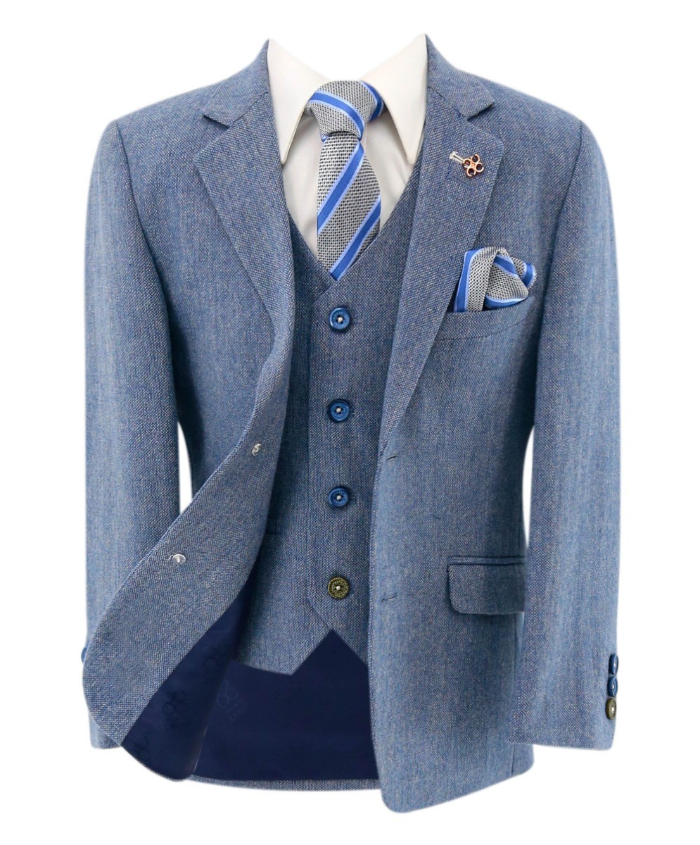 Boys Tweed Slim Fit Suit - WELLS Blue - Light Blue