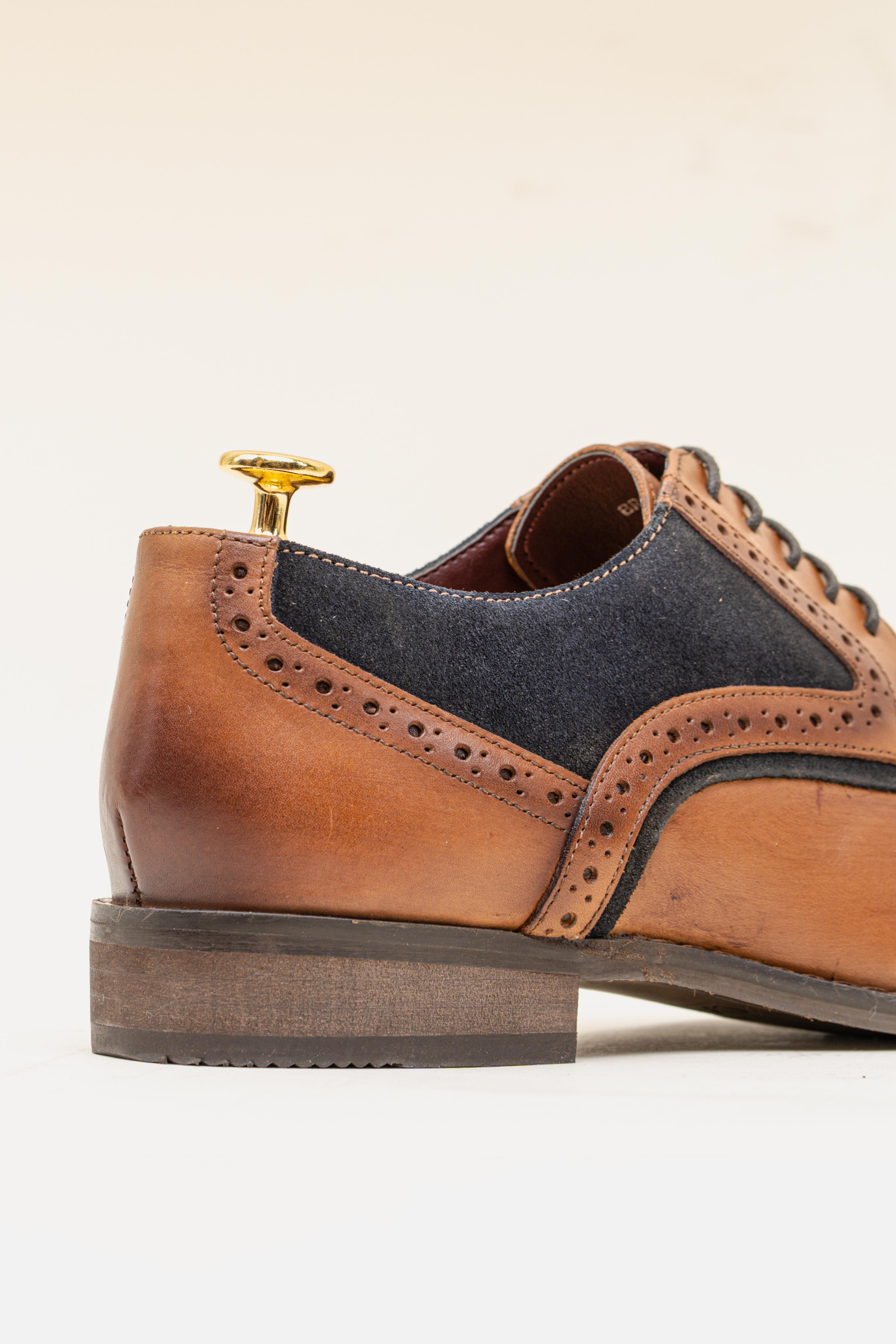 Men's Genuine Leather & Tweed Brogue Shoes - FARO - Tan Brown - Navy Blue