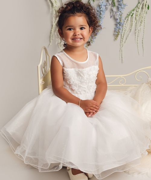 Girls Ivory Floral Appliqué Dress with Glitter Tulle - JESSICA