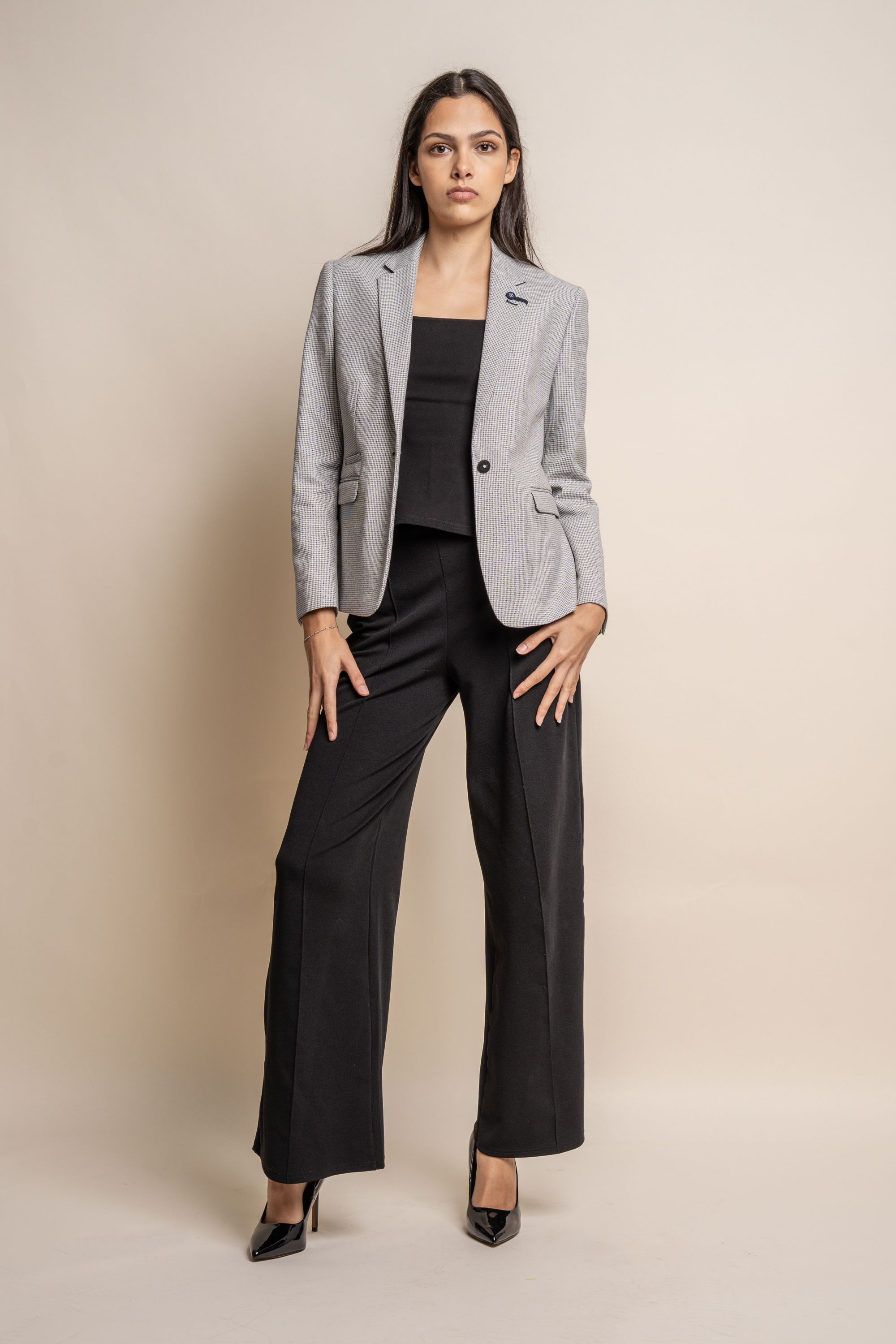 Women's Houndstooth Check Slim Fit Blazer - KYOTO Grey - Grey